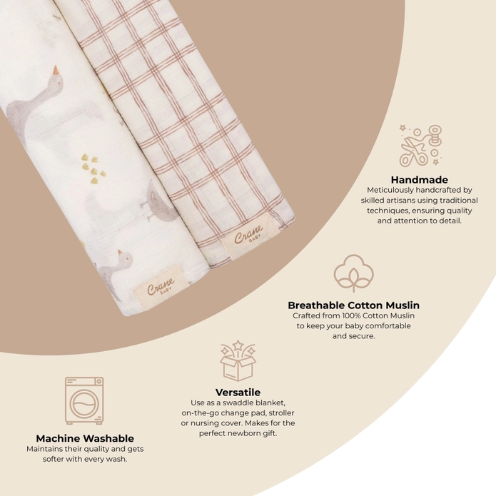 Crane Baby 2-pc. Farmhouse Goose/Check Swaddle Blanket Set - Image 6