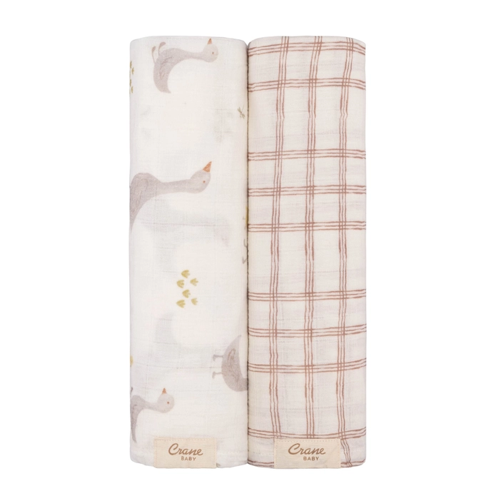 Crane Baby 2-pc. Farmhouse Goose/Check Swaddle Blanket Set